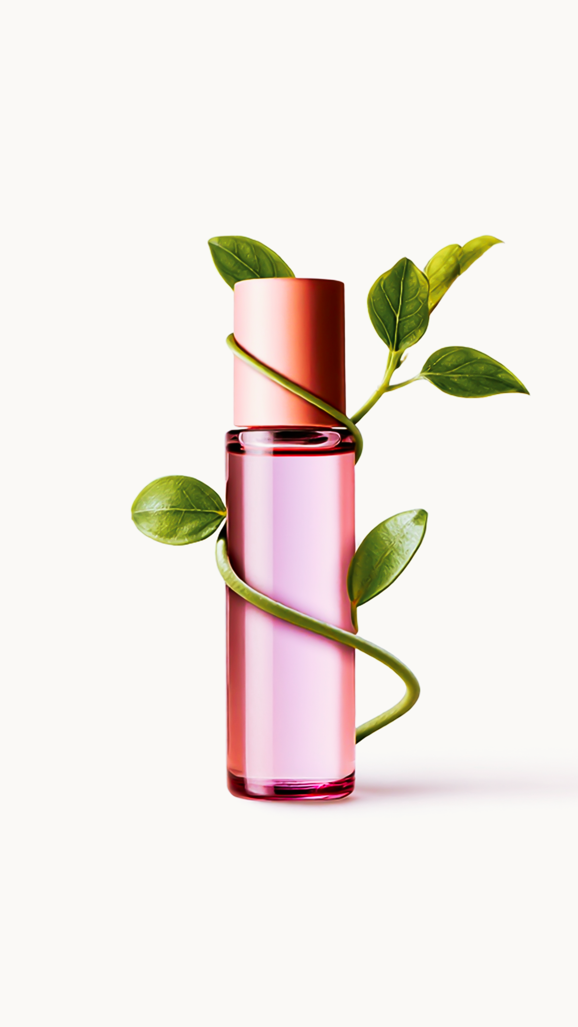 A clear cylindrical cosmetic bottle filled with pink liquid, topped with a metallic rose-gold cap, wrapped with green leaves on a clean white background.